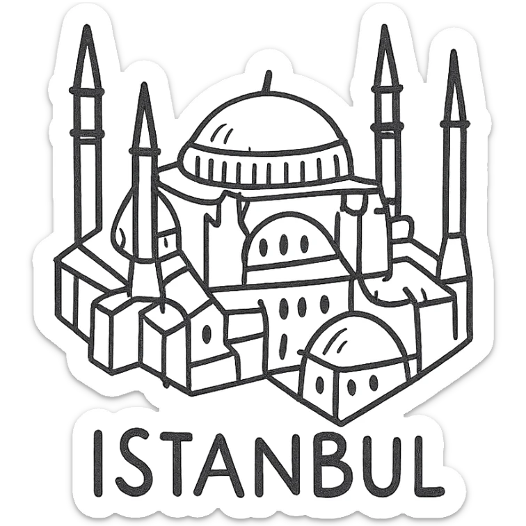 Isometric illustration of Istanbul, featuring real photorealistic Hagia Sophia with ts large central dome and four tall minarets, with real transparent background sticker
