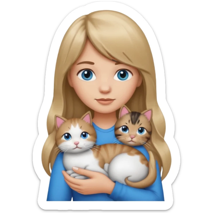 Apple-style emoji sticker of a young woman with long dark blond hair and bang, blue eyes , holding a kitty with black and white patch on her chest.  sticker