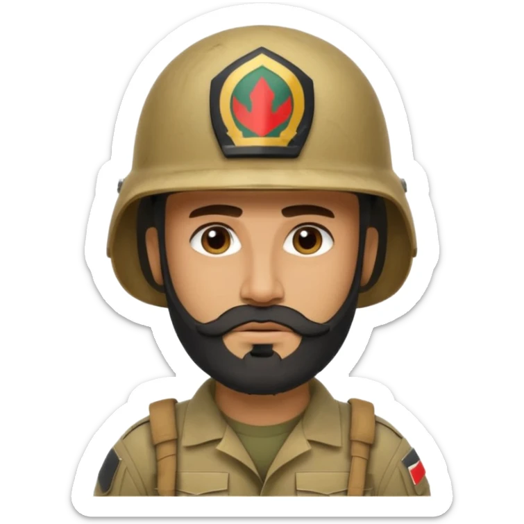 VERY TIRED, swarthy, Iraqi soldier in a helmet, helmet without insignia, with a beard sticker