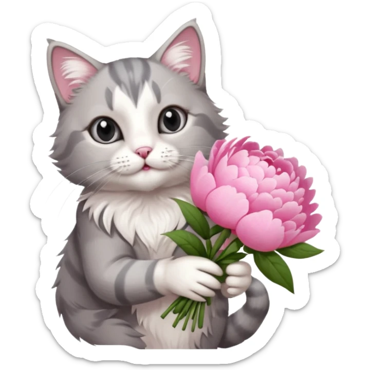 Cute cat Handing pink peonies like reaching a hand and handing them out a bouquet of them not a physical hand the cats hand  make the cat fluffy and grey and white fluffier make the cat wear a pink coquette sticker