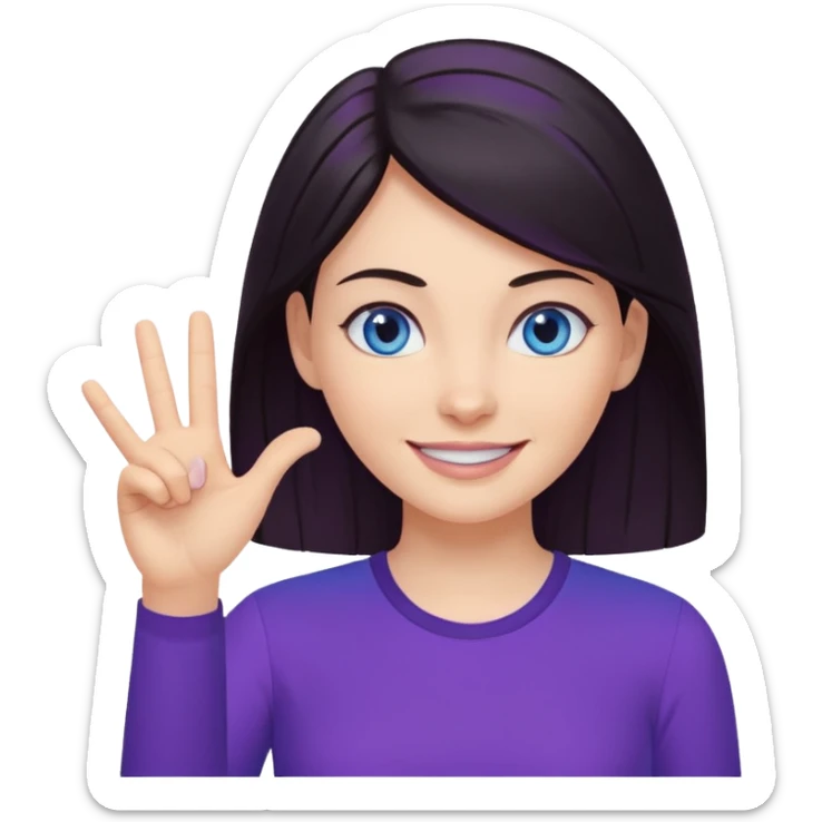 Grinning dark hair woman with blue eyes, wearing purple shirt - showing that somehting is obvious with her hand

 sticker