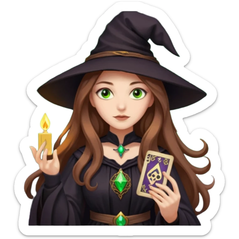 dark witch girl with long light brown hair and green eyes and Tarot cards sticker