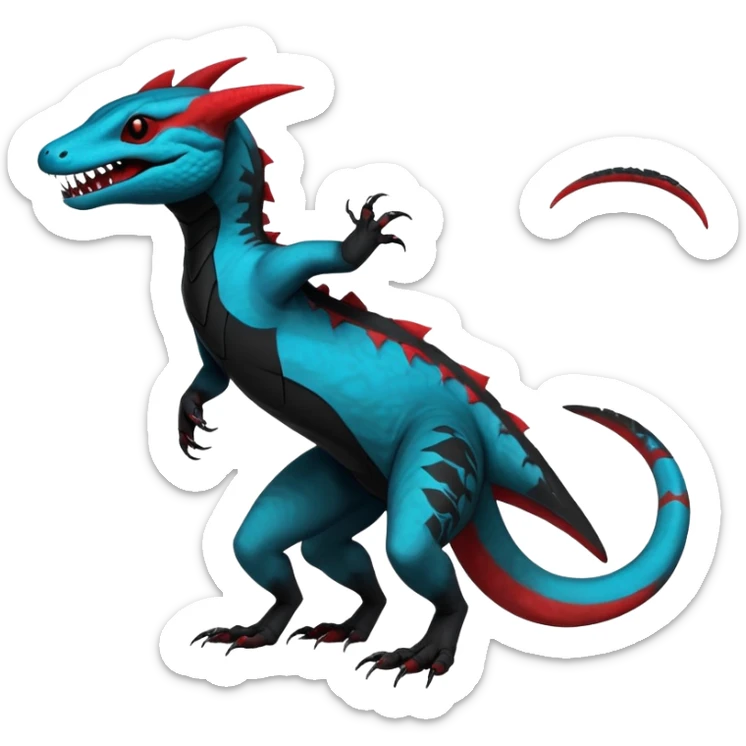Rare realistic exotic edgy dark gothic gloomy spooky black and red/blue/cyan epic pretty beautiful handsome gorgeous aesthetic colorful vibrant Vernid-Trico-species-Fakemon-Salandit-hybrid-creature by LiLaiRa, 4 legs, 1 tail, random markings, (full body) sticker