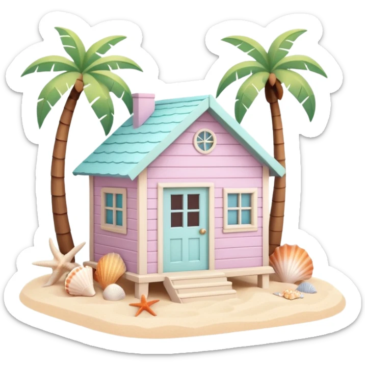 cute beach house, small seaside house, wooden walls, pastel colors, palm trees, seashells, warm sunlight, 3D cartoon, mobile game icon style, soft shadows, clean background, no text, no watermark
 sticker
