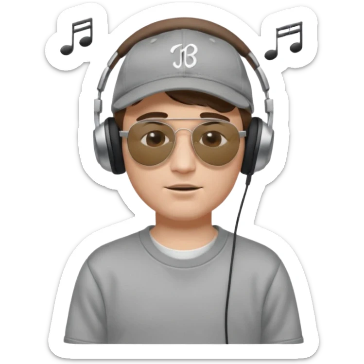 emojis.com dj-man-white-with-baseball-cap---rayban-sun-glasses-80s---brown-hair---closed-eyes-with-headphones-on-with-musical-note-over-head-(listening-to-music-)---eyes-closed-no-glasses---black-hat--musical-notes EYS c losed  grey sweatshirt sticker