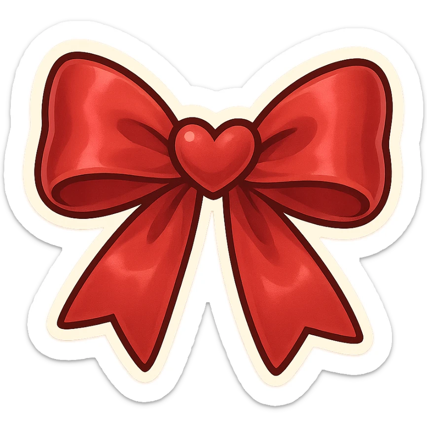 chibi style bow, red satin, shiny, simple and elegant, tied neatly, heart motif sticker