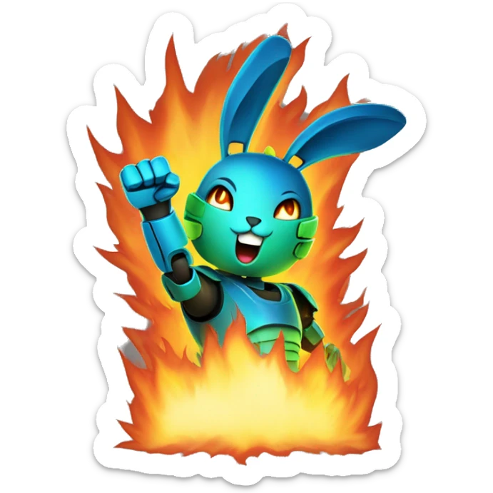 a blue and green robot rabbit has a fist in the air, in front of a large fire / flame explosion in the dark
 sticker