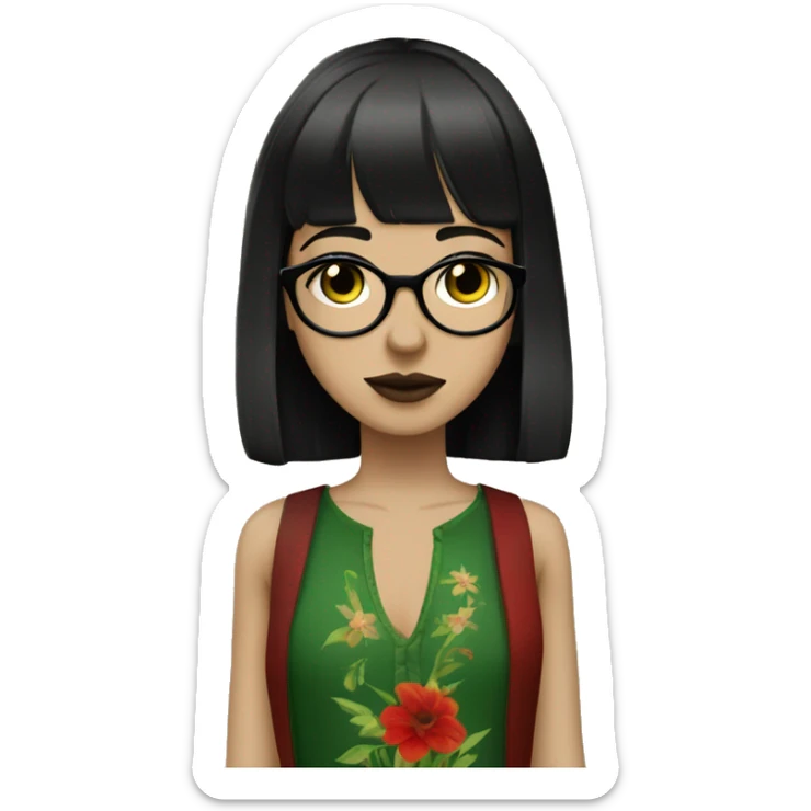 White skinny girl in a green kurta with flower design, glasses, alot of piercing, gay, red lips, nose ring, full body, short straight black edgar hair, black straight hair, front bangs sticker