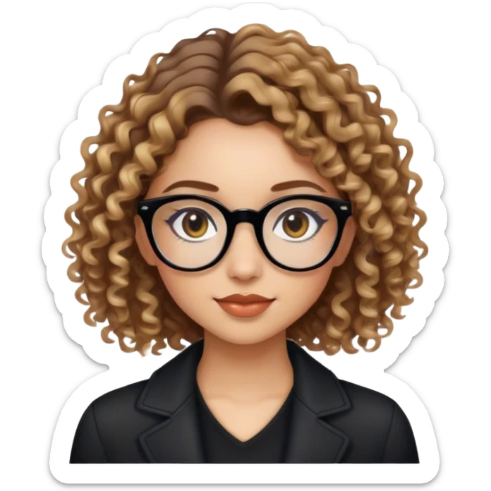 Girl with black glasses with light skin and light makeup and slight smile with brown curly hair with blond highlights in a stylish outfit  sticker