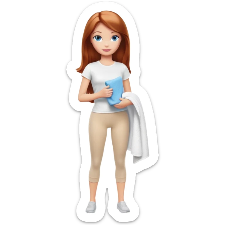 A Barbie girl with blue eyes, shoulder-length reddish-brown hair, made-up, wearing a white T-shirt and beige leggings, holding a towel in her hands sticker