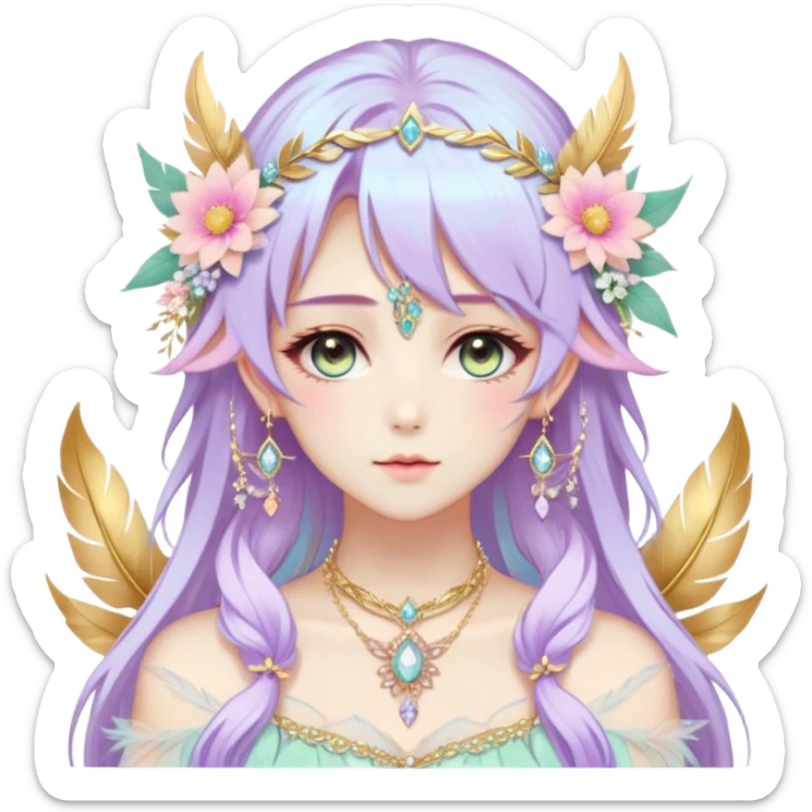Beautiful gorgeous anime lady with beautiful pastel-special-hair, fashion aesthetic, ethereal, fairycore, pastelcore, feather, flower, crystals, accessories, gold jewelries, gold, colorful, gold laurel, gold halo, sticker