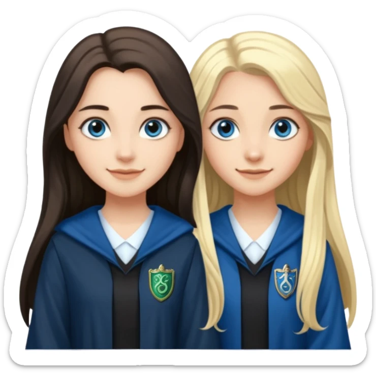 a pretty ravenclaw girl with long dark brown hair and blue eyes standing with a pretty Slytherin girl with long blonde hair, blue eyes sticker