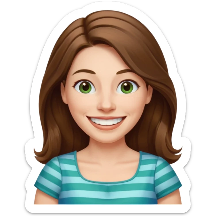 40 yr Caucasian woman, long brown hair parted on side, white stripe in hair, blue green dress ,big smile, white teeth, dimples sticker