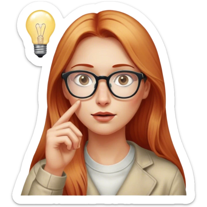 intelligent and clever, 30 year old, girl, long red and almost blond hair, glasses, has an idea, rubs her finger on the nose, light bulb over the head, casual cloth  sticker