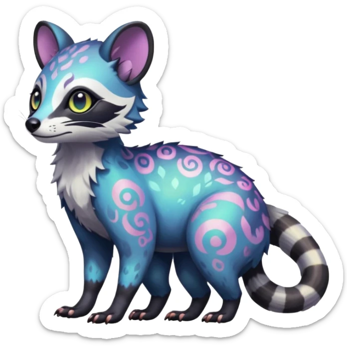 Rare iridescent white exotic epic aesthetic colorful Trico-Civet-species-Fakemon-hybrid-creature, with intricate tattoo markings, full body sticker
