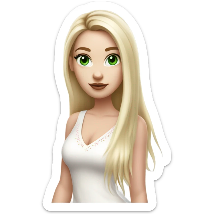 Realistic White girl with Long straight blonde hair, green eyes, tattoos, full body wearing white dress and pink knee-high leather boots, doing cute selfie pose sticker