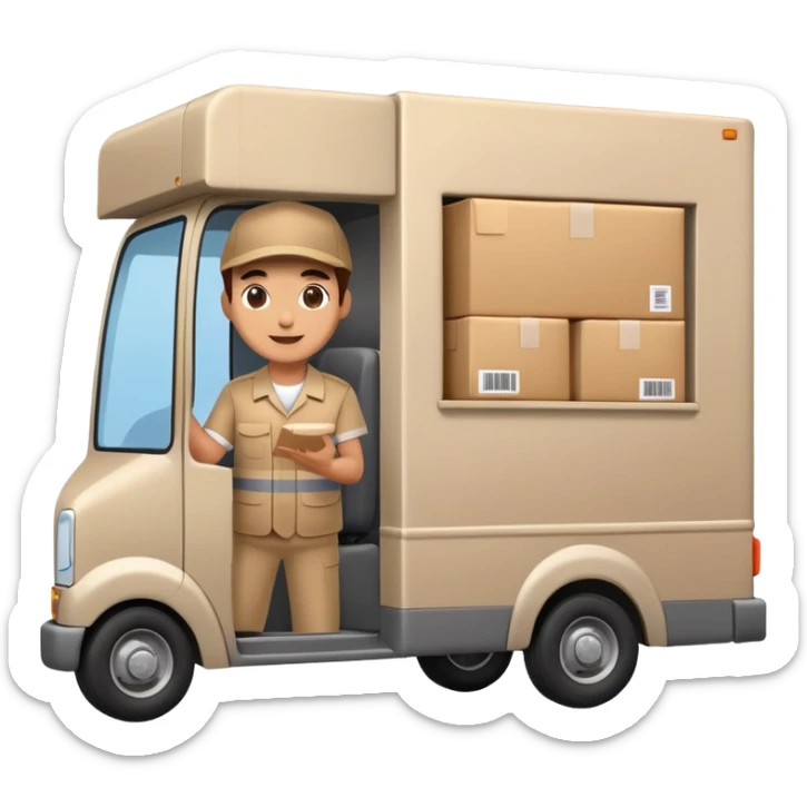 delivery truck driving with a supplier waving from the window, full of packages sticker