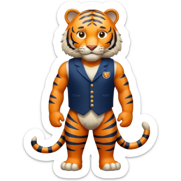 crea un tigre de cuerpo completo, que lleve un chaleco color azul marino y que en el chaleco lleve el nombre (telamon) sticker