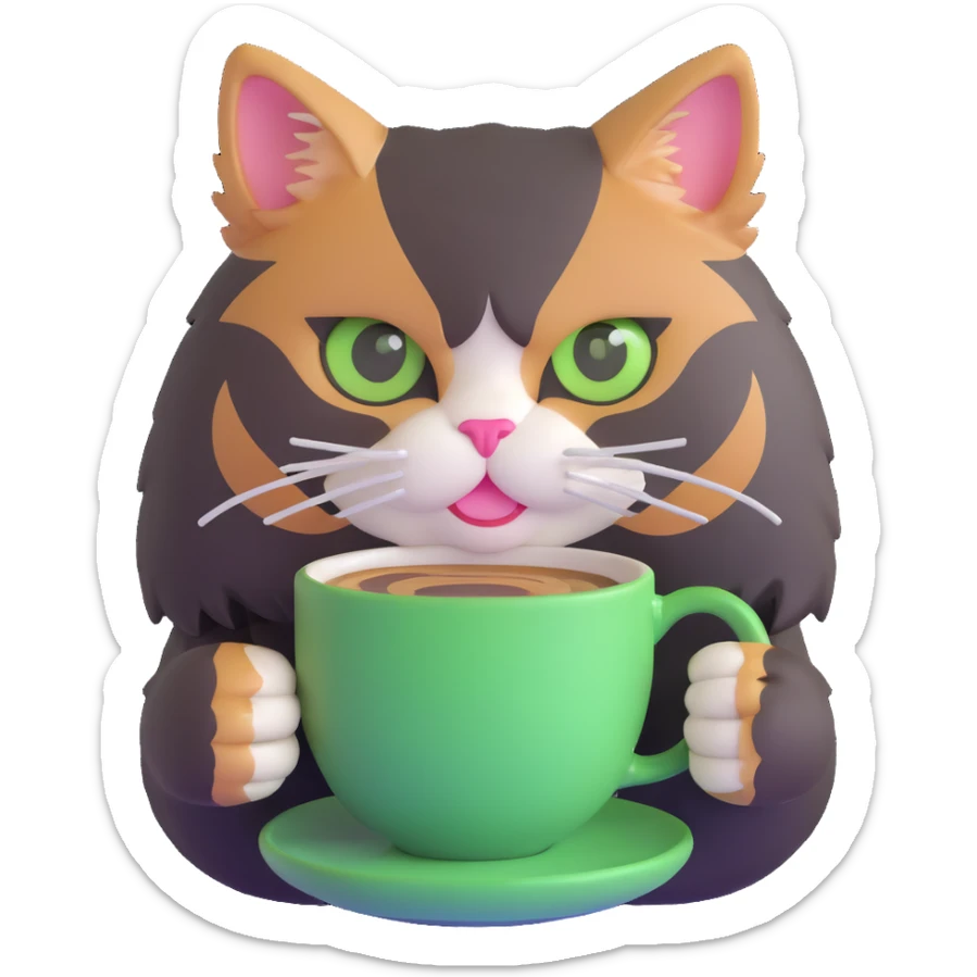 tricolor fluffy cat with big green eyes drinking a cup of coffee sticker