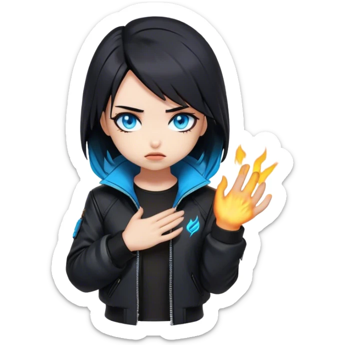 Black hair cyberpunk 2077 chibi girl with blazing blue eyes and black jacket. Hides her face in her hands shy sticker
