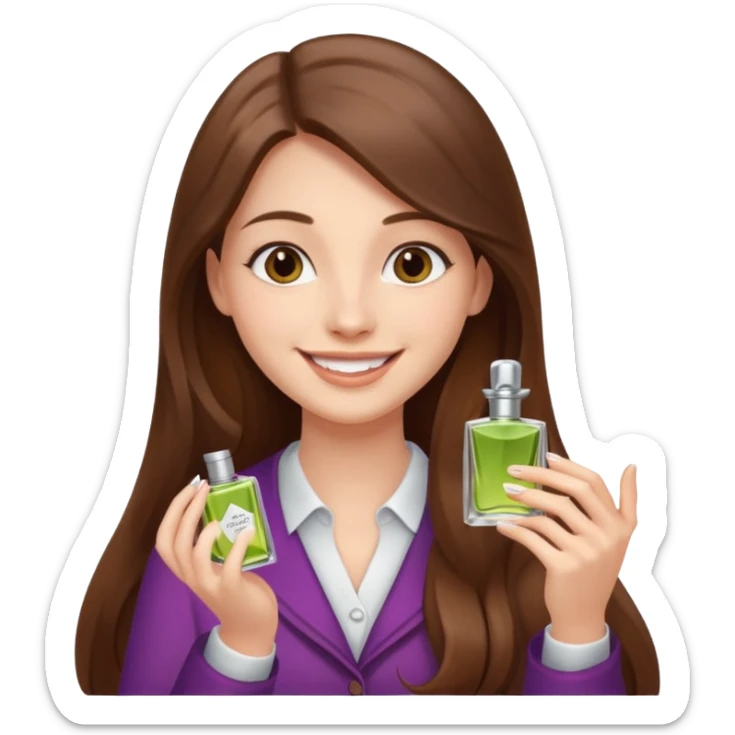 half body pretty long hair girl holding 1 parfume with smile sticker