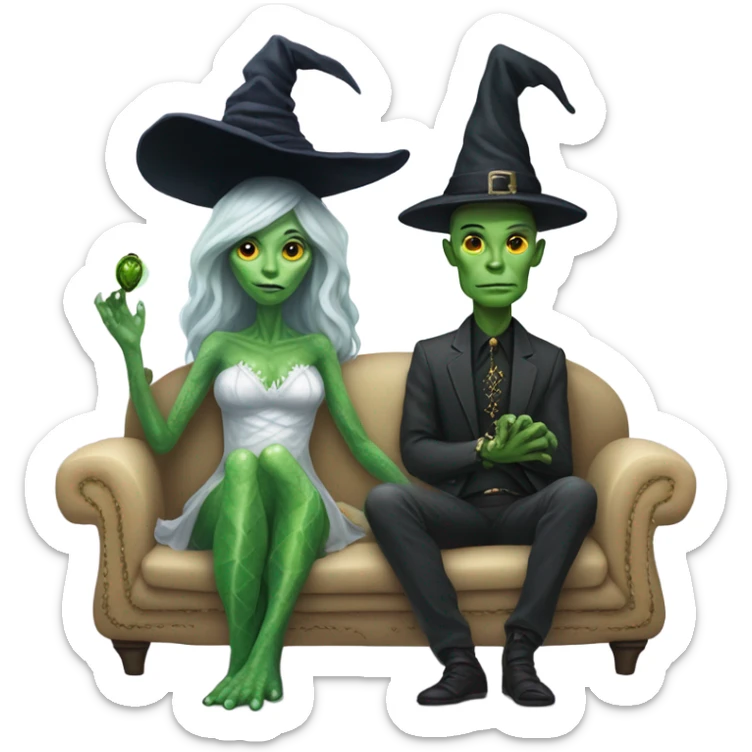 alien reptilian woman as witch, human man in white dress, sitting on a couch  sticker