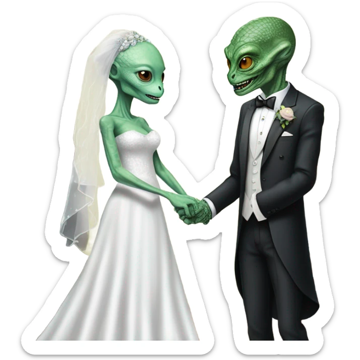 Alien reprilian woman in wedding dress, and one humman man in a tuxedo holding, hands getting married sticker