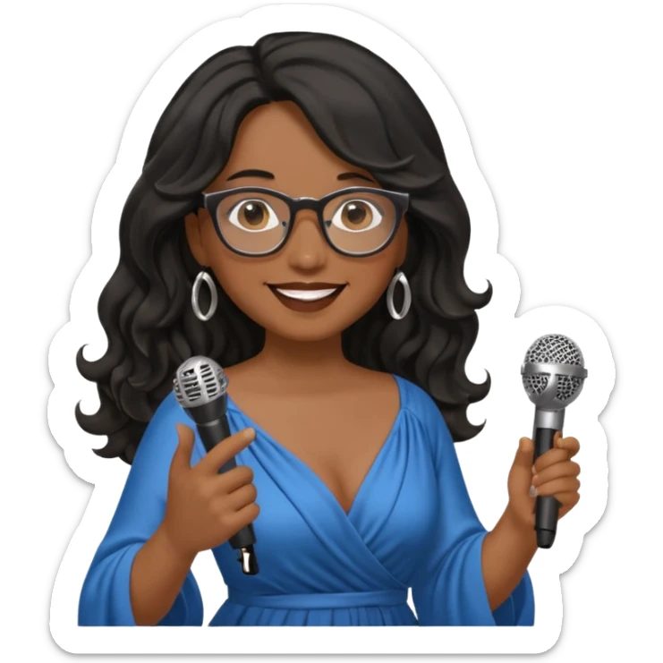 singer, Middle age, long wavy black hair, brown skin, wearing dress, holding mic, glasses sticker