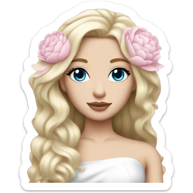 White bride with long light blonde hair and blue eyes with light pink peonies in hair white skin light pink lips sticker