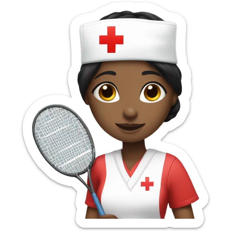 short black hair female nurse with white skin coloe red cross sign hat playing badminton sticker