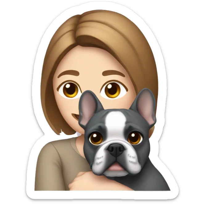 light brown hair woman hugging a dark gray french bulldog sticker