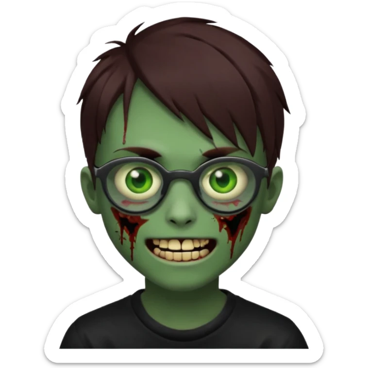 Zombie emo boy, green skin and brown hair and eyes, black glasses and a scary cut open smile, scars and blood under eyes sticker