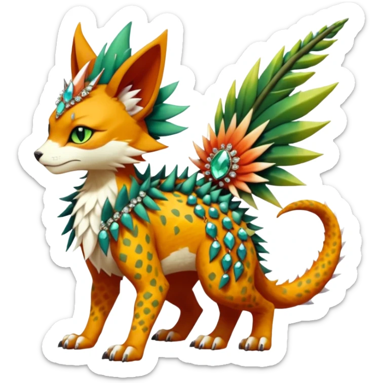 Kawaii cute reddish orangish yellowish greenish exotic tropical beautiful pretty elegant divine edgy feline-vernid-sergal-Fakémon-Pokémon-fursona-animal-creature with accessories, jewelries, full body, with intricate detailed markings, spikes, crystals, fins, scales, spiny, feathered, headdress sticker