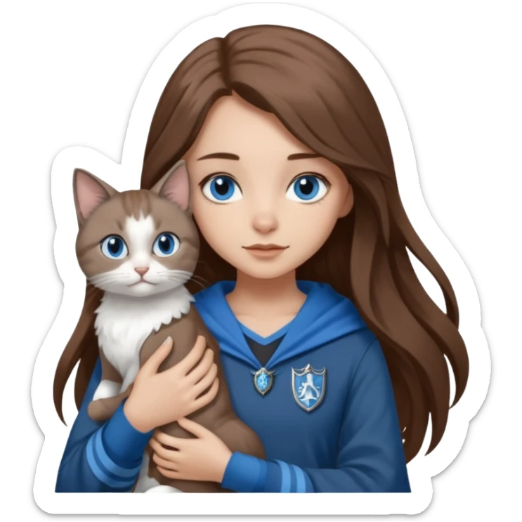 gorgeous Girl with light skin, blue eyes, long brown hair, wears a ravenclaw outfit, with a grey and white cat holding in her arms sticker