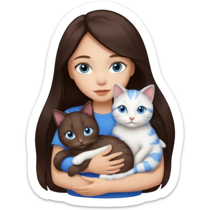 a pretty girl with long dark 
brown hair, with blue eyes, hugs 3 different natural coloured small cats sticker
