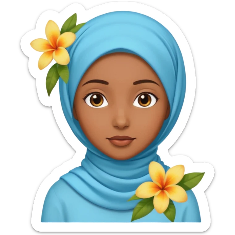 brown-skinned girl with a light blue hijab and a small tropical flower on her head sticker