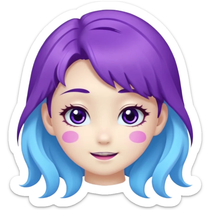 
de color azul claro brillante con manchas orgánicas en tonos morado y violeta.El rostro es expresivo y kawaii, con ojos grandes y brillantes, cejas pequeñas y una sonrisa abierta con lengua rosada. Estilo moderno, limpio y tierno, ideal como emoji, sticker o mascota digital.
 sticker