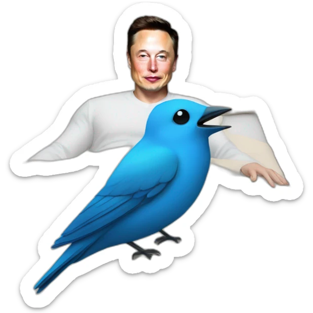 Elon Musk in a bed with the blue bird of Twitter with an X on it sticker