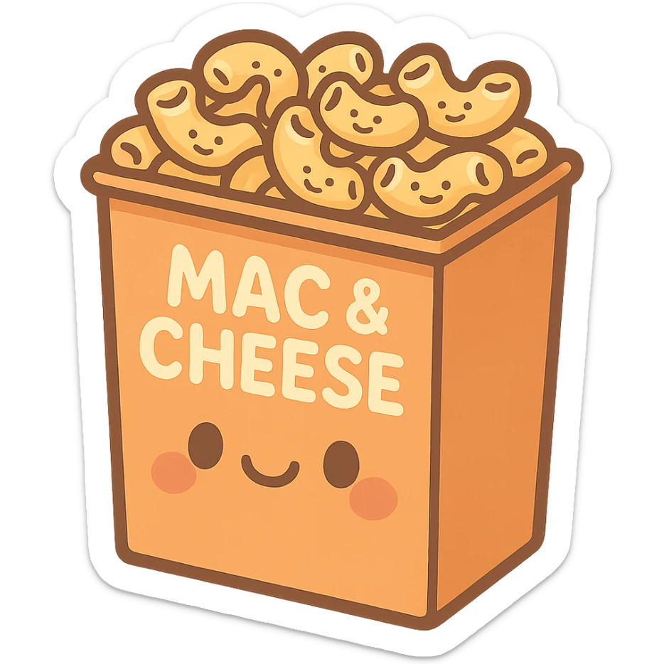 a cartoon box of mac and cheese with smiling noodles, playful and cute sticker