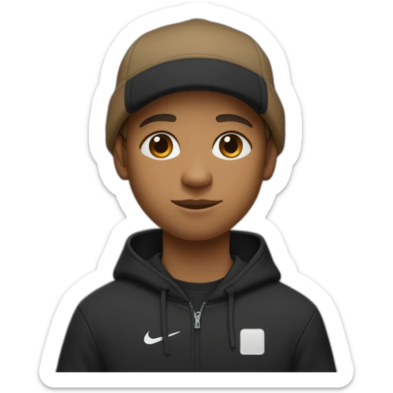 light brown boy with hair until his ears wearing a black nike cap and nike hoodie and black pants medium eye opening sticker