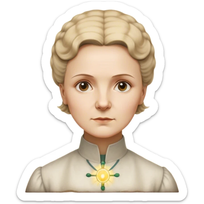 Cinematic Realistic Marie Curie Portrait Emoji, depicted as a pioneering scientist with a determined gaze in period attire, rendered with detailed textures and soft intellectual lighting that captures her groundbreaking legacy. sticker