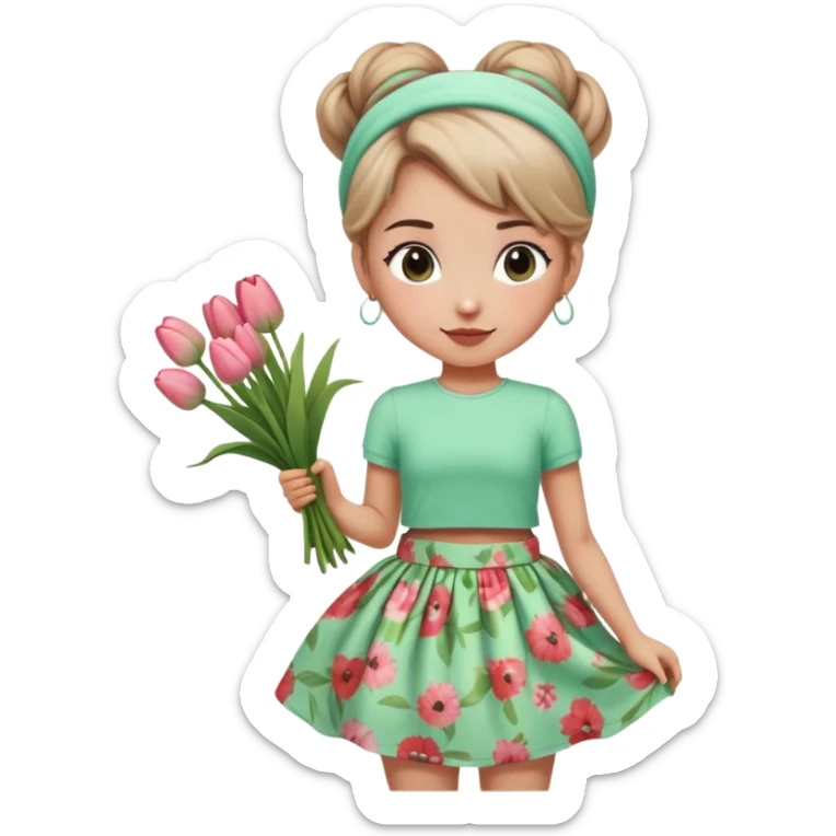 A girl with a messy bun, a mint green headband, and a floral print skirt, holding a bunch of tulips. sticker