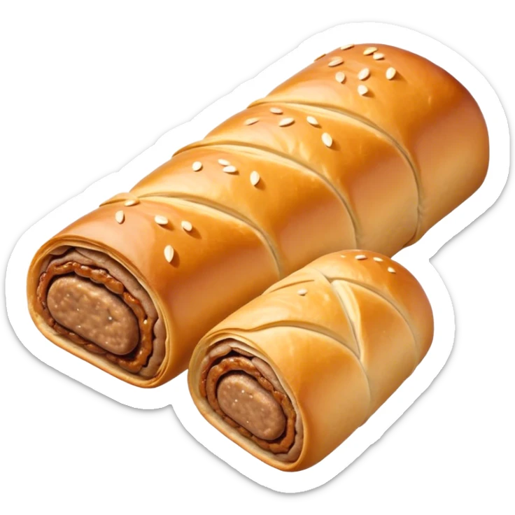 cinematic-realistic-sausage-roll-dish-emoji,-depicted-with-a-crisp,-golden-pastry-wrapped-around-flavorful-sausage,-rendered-with-detailed-textures-wrapped ina. plastic wrapper unrapped - and-appetizing-lighting sticker