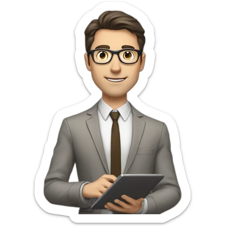 Pale skinned fit man with dark brown hair in gray jacket, beige office shirt, brown tie, brown pants and vintage glasses Writing on the tablet sticker