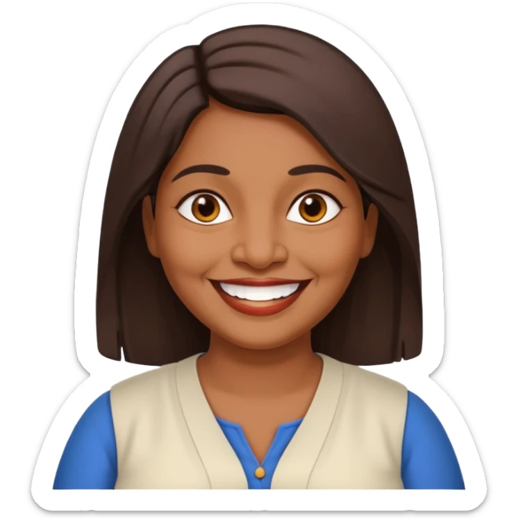 50 yr old chubby Sri Lankan woman, dark skin, straight brown hair, big smile, white teeth, european clothes, shoulder length hair sticker