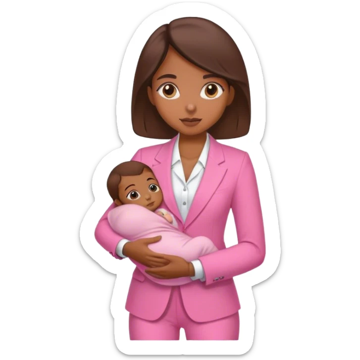 Brune girl pink suit with baby sticker