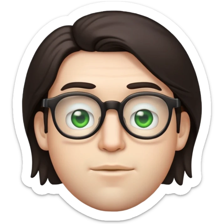 young male emoji with wide face, fuller lips, very poofy voluminous dark straight hair (not curly), big ears, pale skin, glasses, green eyes set wider apart, very light stubble sticker