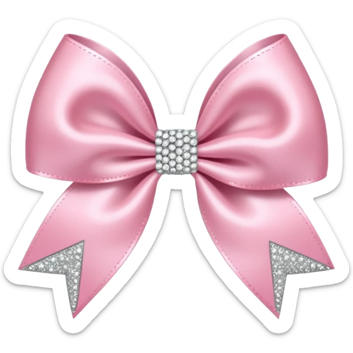 Cutesy pink bow emoji. Shiny baby pink satin ribbon. It's silver glitter sparkles on it. Shiny with rhinestones and shadowed to look three-dimensional sticker
