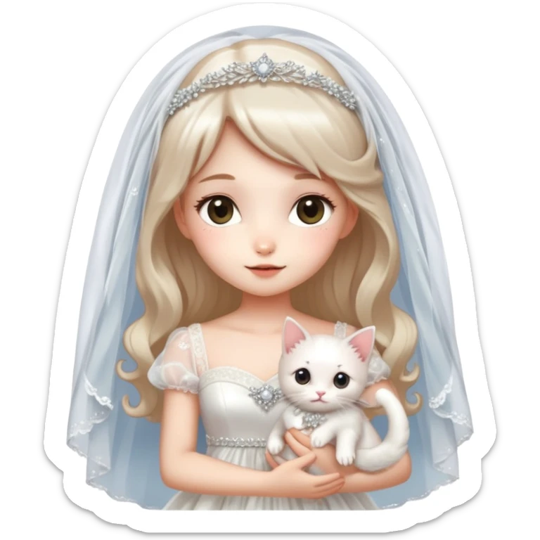 Very dreamy-beautiful-fashionable and elegant-wearing a wedding dress-with a veil-woman-holding a kitten-shiny-ladylike-soft style-kawaii-beautiful-hair-fairy style- sticker