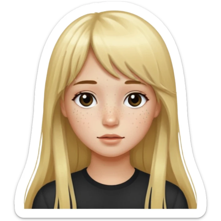 A girl with fair skin, long blond hair, long bangs, freckles and black eyes sticker